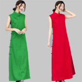 打底长款 民族风旗袍无袖 背心裙夏 立领连衣裙中国风复古女装 中式