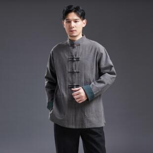 春季新品苎麻立领开衫盘扣上衣外套男款对襟衬衫中国风宽松休闲禅