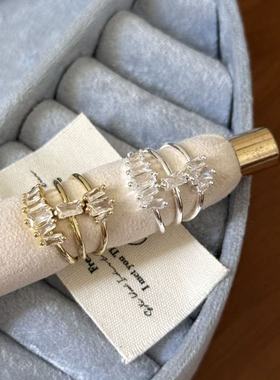 日韩错落方糖锆石戒指女小众时尚精致简约时尚潮流可调节指环戒子