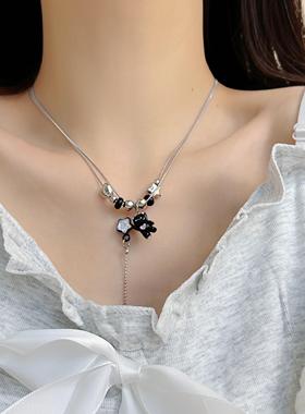 黑色小熊星星流苏吊坠叠戴项链女小众设计感甜酷风y2k辣妹锁骨链