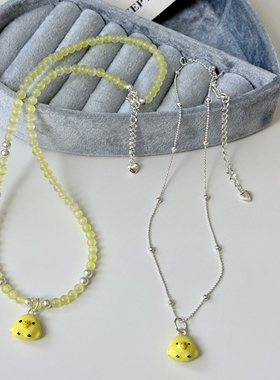 天然黄色猫眼石串珠小黄鸡吊坠项链女小众设计感甜美可爱锁骨链潮