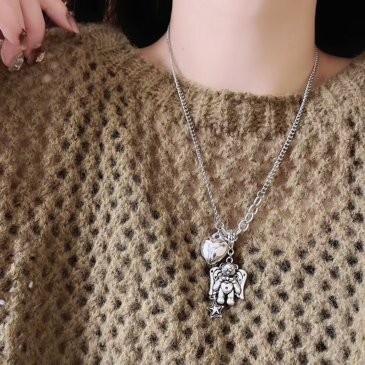 爱心翅膀小熊星星流苏吊坠项链甜酷y2k辣妹ins风个性锁骨链毛衣链