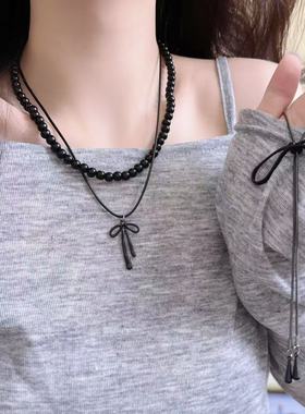 暗黑甜酷少女蝴蝶结黑色串珠叠戴项链女小众个性长款毛衣链锁骨链