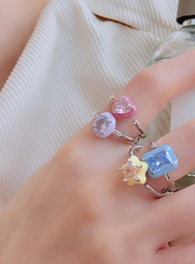 夏日甜美多巴胺滴油星星爱心滴油开口戒指女小众设计甜酷食指环