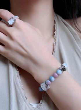 可爱甜美奶油风白色滴釉猫咪串珠弹力绳手链戒指小众童趣百搭手饰