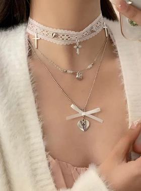 蕾丝爱心五角星蝴蝶结吊坠项链女多层叠戴甜酷辣妹高级感锁骨链潮