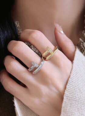 超闪微镶锆石十字架钉子戒指女小众轻奢高级感可调节食指戒指环