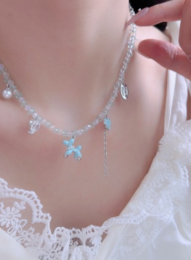 蓝色滴釉气球小狗吊坠水晶串珠项链女小众清新甜美可爱百搭锁骨链