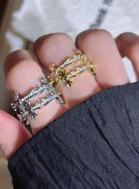 镂空雕花十字架克罗伈微镶锆石食指戒古典复古镀金指环戒指指环