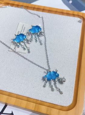 蓝色小云朵闪电土星流苏耳环项链小众个性甜酷少女气质耳饰锁骨链