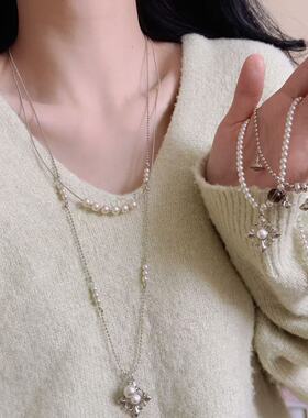 浅钛金色鸢尾花珍珠十字架吊坠项链女小众甜酷时尚轻奢气质锁骨链