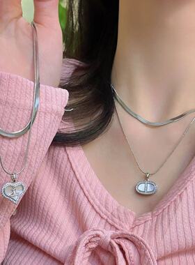 双层爱心土星CD字母钛钢不掉色项链女小众设计甜美轻奢百搭锁骨链