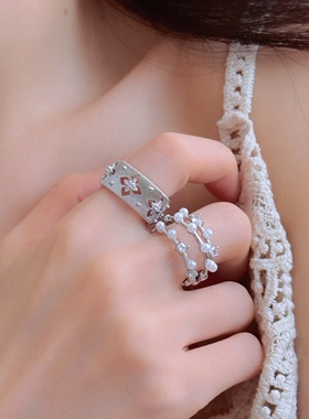 满天星珍珠锆石多层镂空花朵戒指女轻奢小众设计高级感食指戒指环