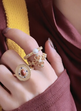 新中式镂空四叶花镶锆几何戒指女宫廷风轻奢复古开口可调节食指戒