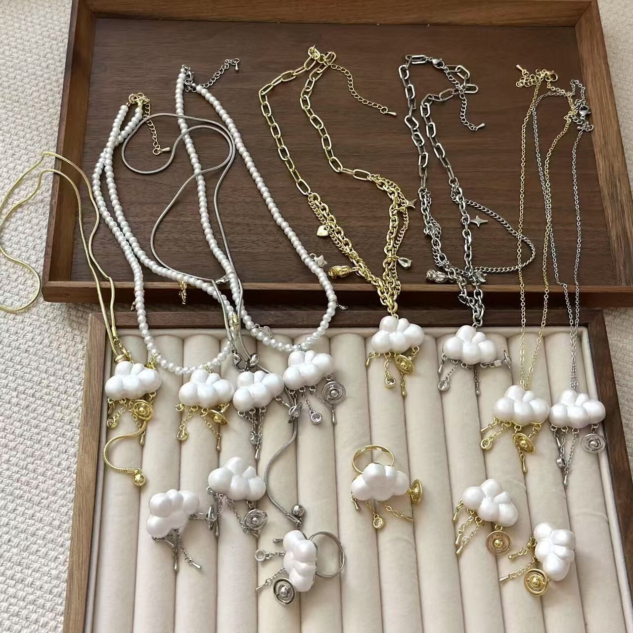 超仙气质云朵土星流苏珍珠项链耳环戒指女轻奢高级感锁骨链配饰