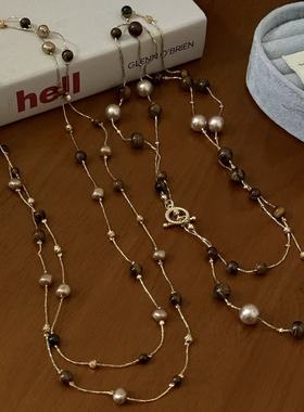 美拉德虎眼石珍珠叠戴项链女爆款百搭轻奢高级感长款毛衣链锁骨链