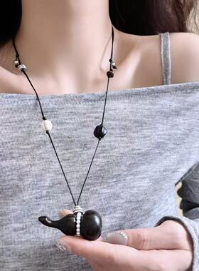天然黑檀木葫芦吊坠编织绳抽拉项链新中式气质百搭高级感毛衣链