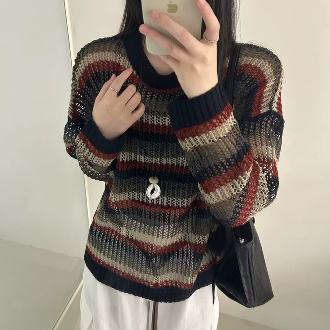 薄款纹针织衫女2025秋百搭宽松圆领长袖上衣女韩版慵懒风套头罩衫