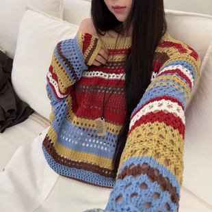 斜肩一字领针织衫毛衣女2025秋薄款镂空宽松套头撞色条纹针织上衣