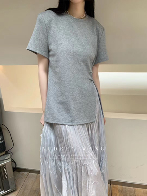 W灰色短袖T恤女夏季2025新中式开叉盘扣设计感小众气质百搭上衣