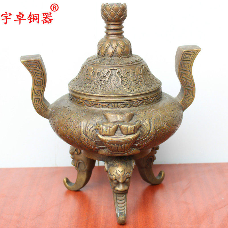 宇卓铜器 纯铜元宝黄铜元宝官耳三元宝莲花铜香炉工艺品摆件