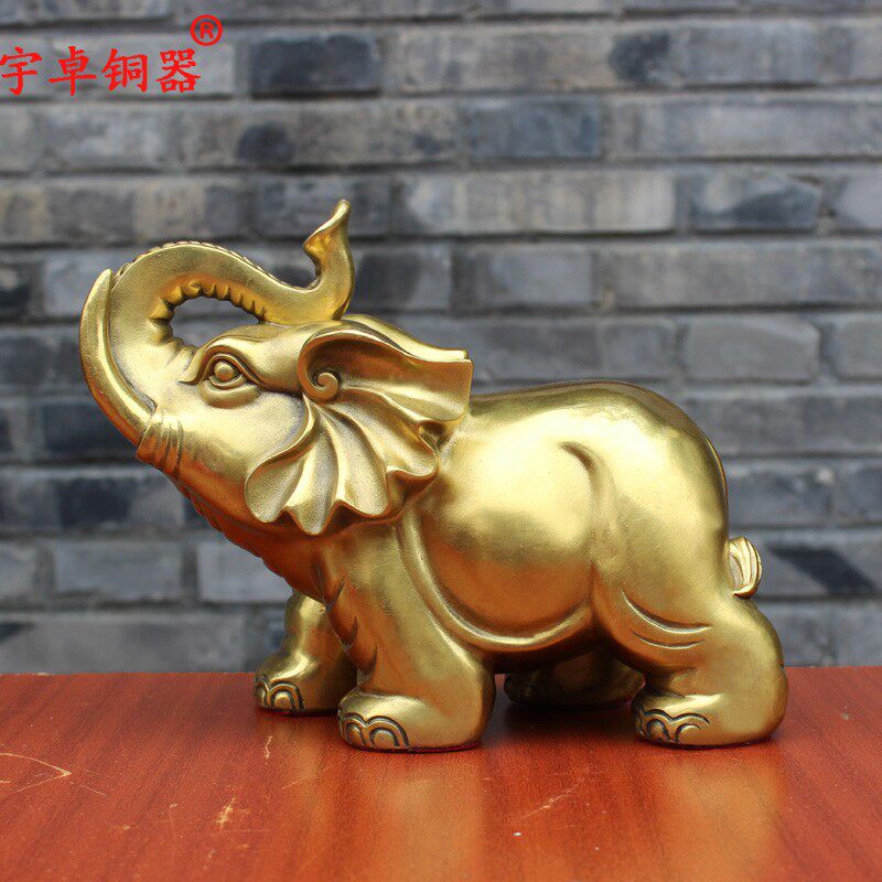 宇卓铜器纯铜光面大象卷鼻子光身象扬鼻子大象一对工艺品摆件