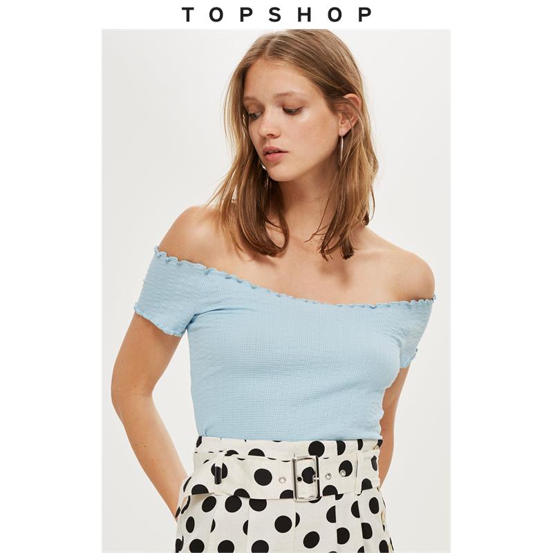 TOPSHOP PETITE嬌小版淺藍色一字肩短款女士短袖上衣26G18NPBL