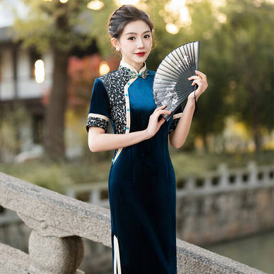 千百思复古日常丝绒走秀旗袍长款