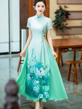 千百思新中式走秀奥黛旗袍新款复古高端舞台演出服大码宽松连衣裙