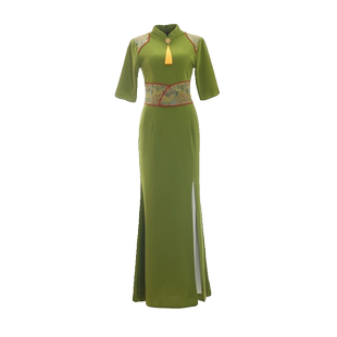 千百思新款走秀气质高端中国风鱼尾旗袍连衣裙复古主持演出服绿色