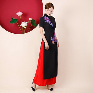 改良版高端舞台走秀表演出旗袍2025新款中老年短袖长款奥黛两件套