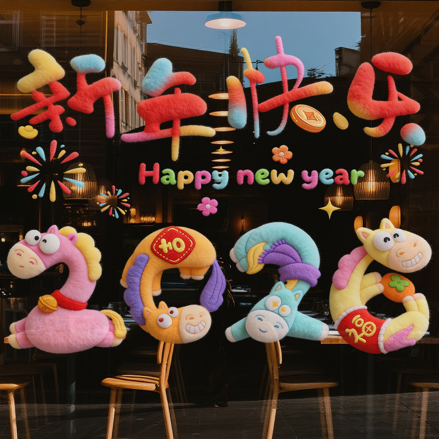 5D新年装饰橱窗立体静电玻璃贴纸