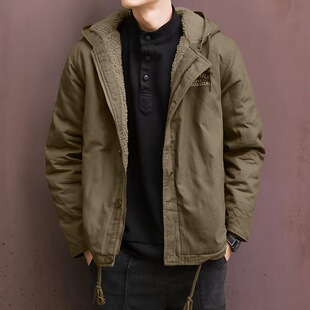羊羔绒外套男士秋冬季加绒连帽夹克棉服美式复古加厚保暖工装棉衣