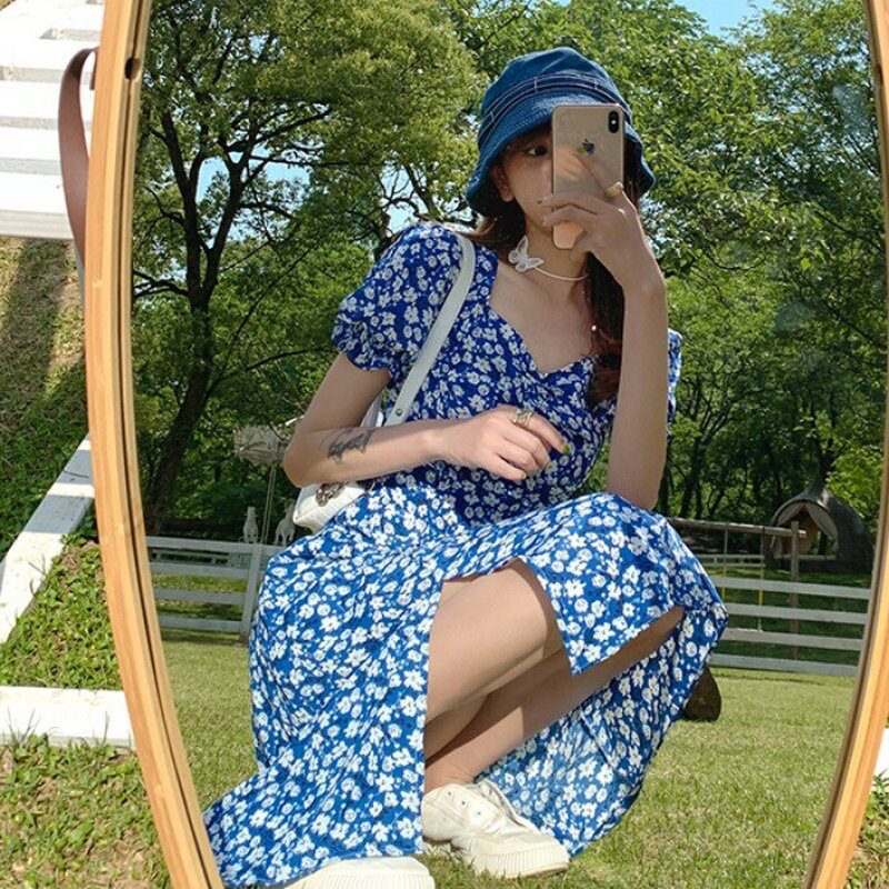 2024夏季新款法式欧美风碎花开叉中长裙显瘦姐妹风桔梗连衣裙女