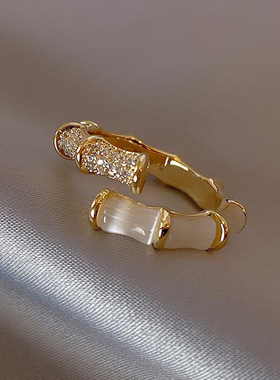 步步高竹节戒指女时尚个性小众设计高级感锆石开口戒韩版网红指环