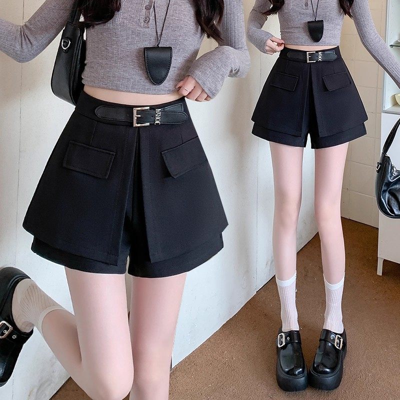 西装假两件短裤女2025秋季新款高腰显瘦设计感外穿A字阔腿短裤裙