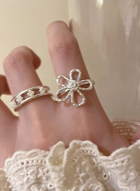 简约镂空花朵合金戒指女小众设计感开口可调节时尚百搭叠戴食指环