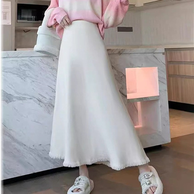 流苏毛线针织半身裙女2024秋冬新款高腰垂感a字裙大摆中长款伞裙