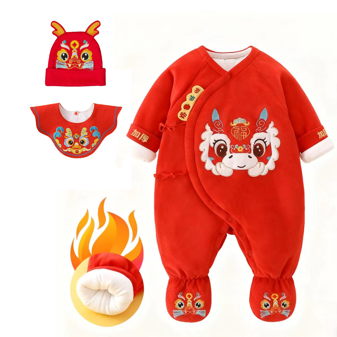 童乐谷宝宝包脚厚棉衣新生儿满月秋冬连体衣马年百天婴儿保暖年服