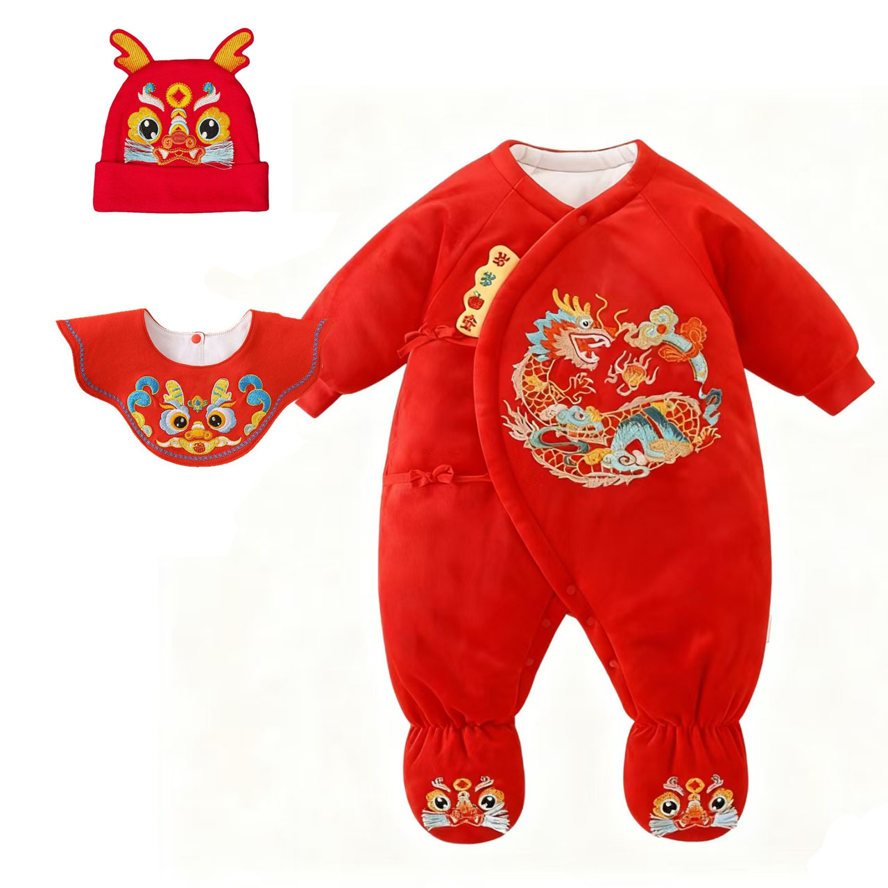蛇宝宝百天红色包脚连体棉衣新年