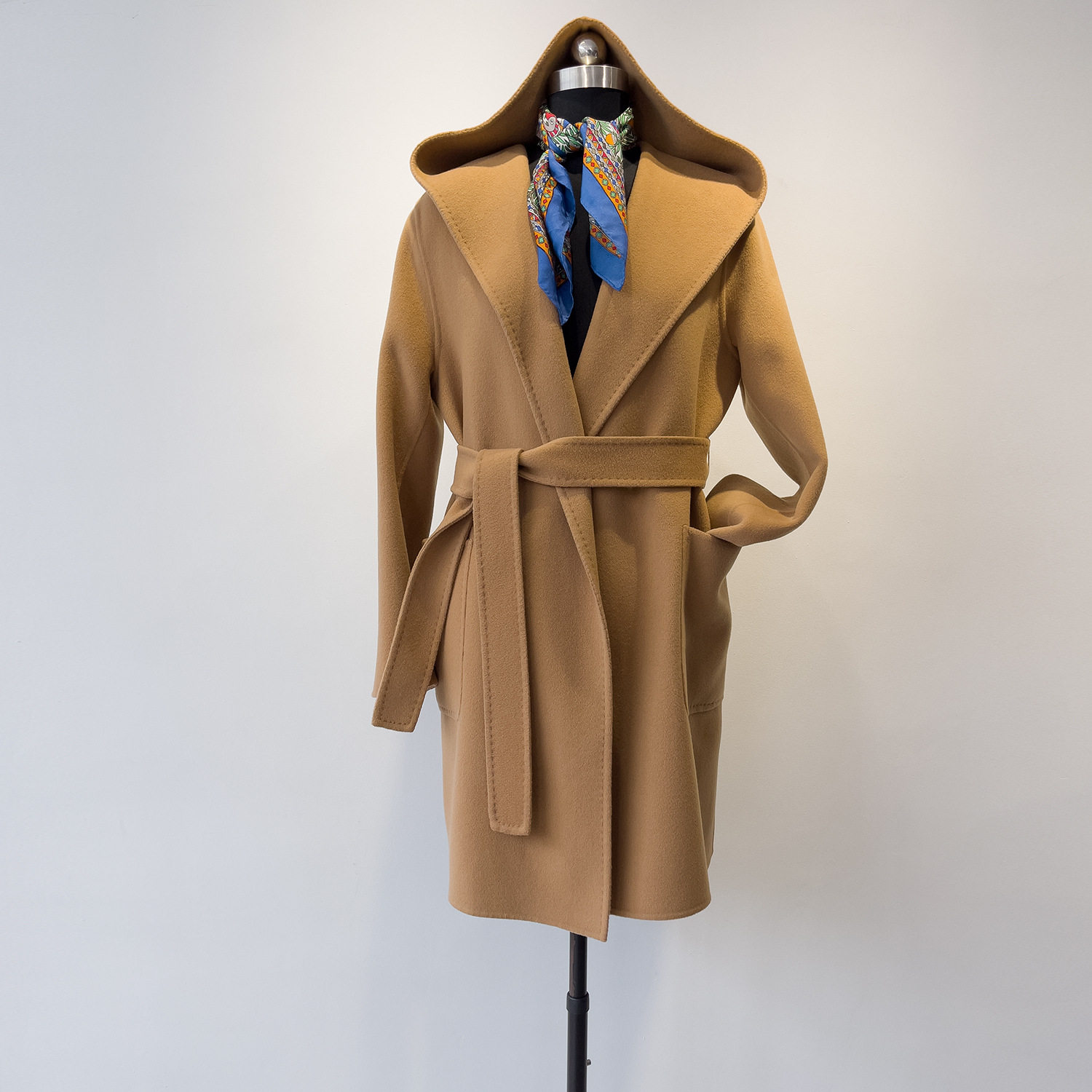 rialt*o经典中长款宽松型山羊绒连帽毛呢外套双面大衣女秋冬系带