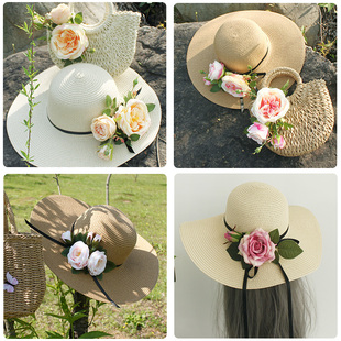 包邮女夏天户外花朵草编帽沙滩帽海边度假遮阳防晒草帽太阳大帽子