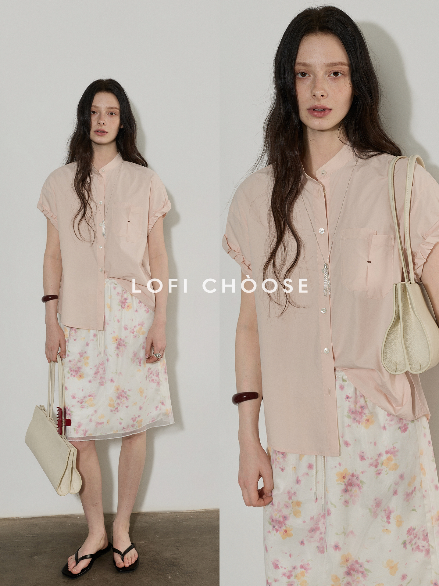 Lofi choose 简约立领翻边设计感短袖衬衫女夏季新款纯棉宽松上衣