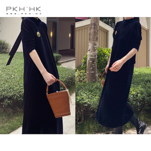 PKH.HK气质女装折扣店 敲美宝蓝 低调设计感后领系带宽松连衣裙