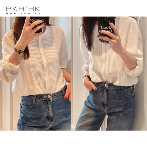 长袖衬衫PKHHK小圆领塔克褶