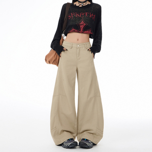 美式复古显瘦牛仔裤女设计感时尚潮流拼接卡其色宽松阔腿直筒长裤