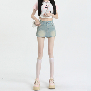 辣妹复古水洗蓝牛仔短裤女夏季显瘦设计感A字半身裙外穿热裤短裙