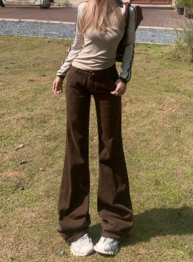 美式复古低腰修身微喇牛仔裤女秋冬显瘦垂感拖地裤美拉德风长裤女