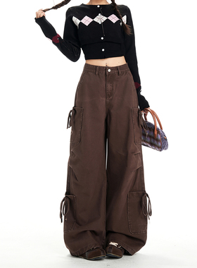 美式工装风高腰阔腿牛仔裤女咖色多口袋立体绑带宽松百搭工装裤女