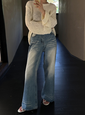 美式休闲复古做旧水洗牛仔裤女街头时尚高腰宽松显瘦直筒阔腿长裤